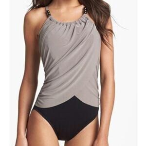 MAGICSUIT Lisa Beaded One Piece Swimsuit Gray Stone Black US 8 Slimming EUC